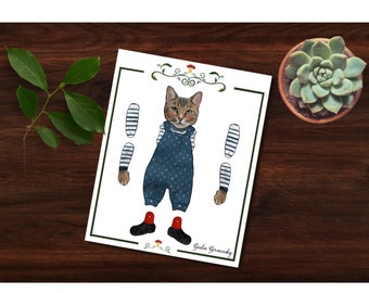Puede incluir: Artesanía de papel imprimible de un gato con un mono y una camisa a rayas. El gato tiene pelaje marrón y blanco y ojos azules. La artesanía incluye piezas separadas para los brazos, las piernas y la cabeza. La artesanía de papel está diseñada por Giulia Germinsky.