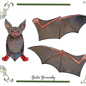 May include: Printable paper craft of a brown bat with red boots and wings. The bat is smiling and has a small, round nose. The wings are separate pieces to be cut out and attached to the bat.