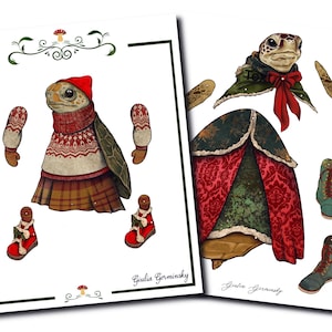 May include: Two illustrated paper cutouts of turtles wearing winter clothing. One turtle wears a red hat, sweater, and skirt. The other wears a green cape and red bow. Accessories include mittens and boots.