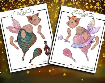 2 Articulated Printable Paper Flying Pigs, Digital Download, Paper Dolls, Instant DIY Download, Printable jpg and PDF Files