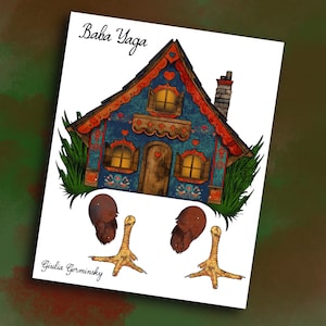 May include: A blue and red gingerbread house with a thatched roof and a chimney, standing on two chicken legs. The house has windows with yellow lights and a heart-shaped door. The text "Baba Yaga" is written above the house. The artist's signature "Giulia Germinsky" is written below the house.