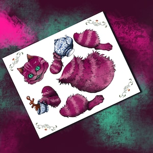 May include: A printable paper craft of the Cheshire Cat from Alice in Wonderland. The cat is pink with purple stripes and has a mischievous grin. The craft includes separate pieces for the head, body, tail, and paws.