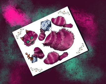 2 Articulated Cheshire cat and Absolem , Digital Download, Paper Dolls, Instant DIY Download, Printable jpg and PDF Files