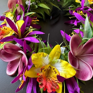 real touch purple plumeria and yellow orchid haku lei flower crown