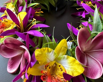 Real touch purple plumeria and yellow orchid haku flower rown