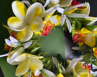 Echte Note gelbe Plumeria und gelbe Orchidee haku lei Blumenkrone