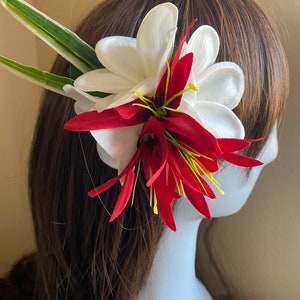 Red spider lily white plmeriama hair clip