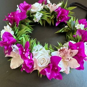 white rose and orchid pink bougainvillea haku lei flower crown