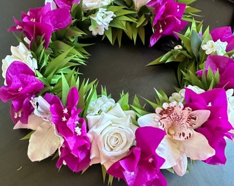 white rose and orchid pink bougainvillea haku lei flower crown