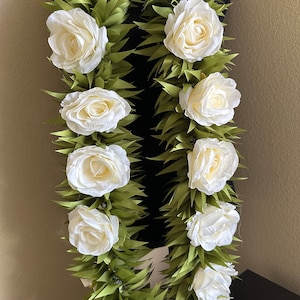 Maile large white rose long open end lei