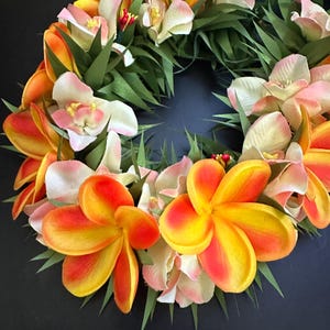 Real touch orange plumeria and orchid haku lei flower crown