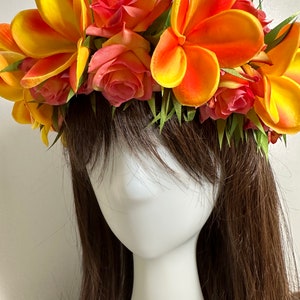 Real touch orange plumeria and rose haku lei flower crown