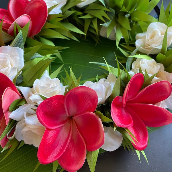 white rose and coral pink plumeria haku flower crown