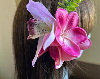 Fermaglio per capelli con orchidea rosa e plumeria