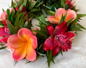 Real touch coral pulumeria and red orchids haku flower crown