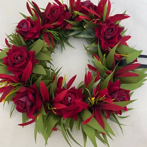 Red Velvet Rose and Spider Lily Haku Lei Po'o