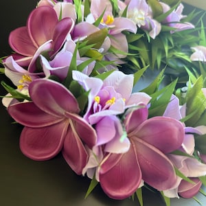 Real touch purple plumeria and lavender orchid haku lei flower crown