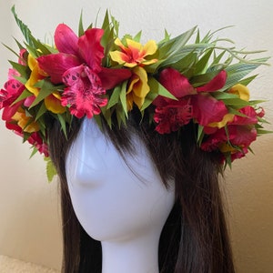 Red orchid and orange hydrangea haku flower crown