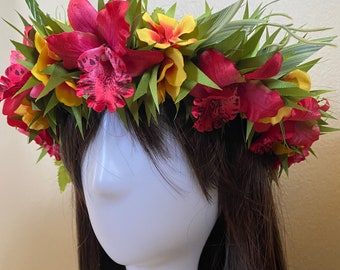 Red orchid and orange hydrangea haku flower crown