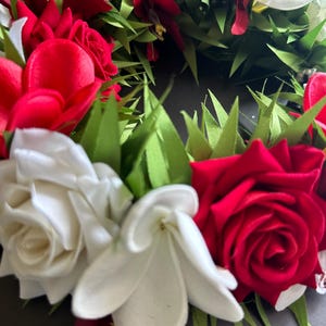 Real touch Red plumeria and white velvet rose  haku lei crown