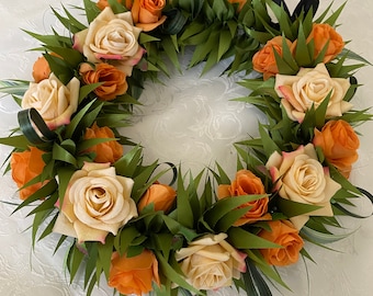 Double rose lei po’o coral orenge and orange
