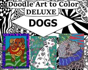 Peut inclure: Livre de coloriage Doodle Art to Color Deluxe DOGS avec quatre illustrations de chiens différentes. Chaque chien est dessiné dans un style unique avec des motifs et des détails complexes. Le livre est par Amanda the Doodler Lafferty.