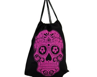 Bolso de mano negro mochila con cordón con el día rosa del cráneo muerto