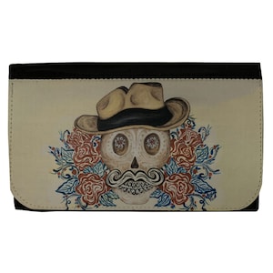 Cartera de las mujeres negro Poly Canvas tatuaje arte azúcar cráneo Cowboy embrague monedero