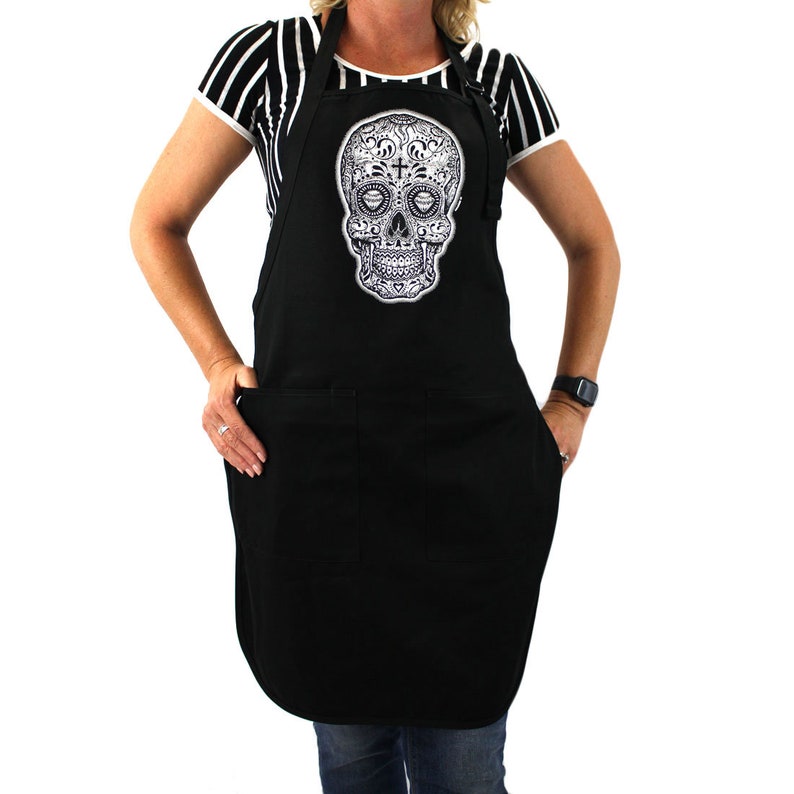 Full Length Black Cotton Apron with Black and White Sugar Skull