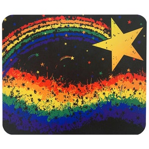 May include: A rainbow-coloured design with a large yellow star on a black background. The rainbow is made up of red, orange, yellow, green, blue, indigo, and violet. The star is in the top right corner of the design. The background is covered in small white stars.