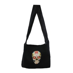 Schwarze Canvas Sling Bag mit buntem Day of the Dead Skull Design