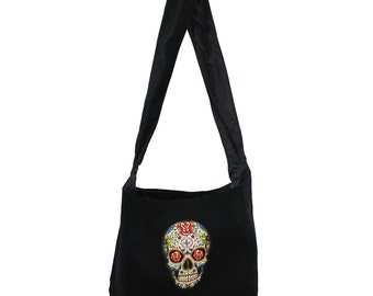 Black Canvas Sling Bag With a Colorful Day of the Dead Skull  display picture 3