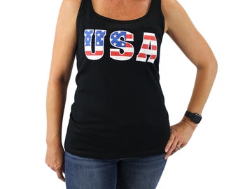 Women's Black Tank Top USA American Flag