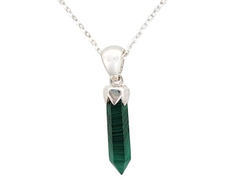 Malachite Crystal Point Pendant – Sterling Silver Necklace, Adjustable Chain