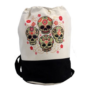 4 Sugar Skulls on Natural & Black Canvas Duffel Bag Backpack
