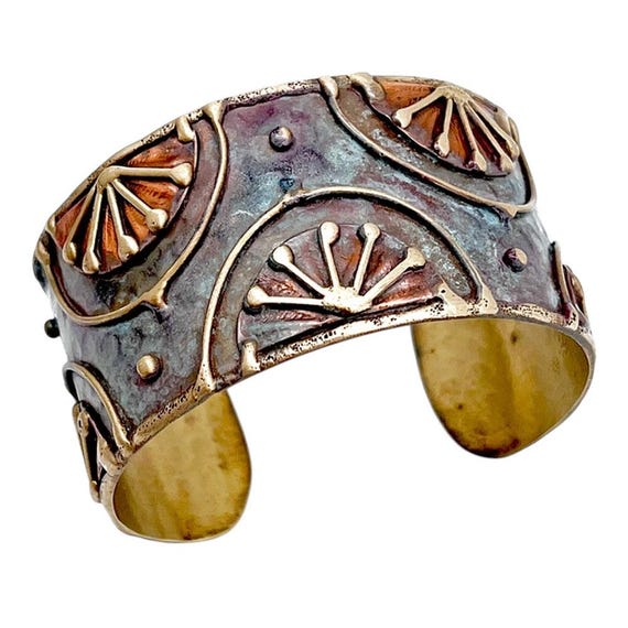 Anju Jewelry Brass Patina Cuff Bracelet - Rustic Blue Rising Sun