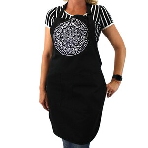 Full Length Black Cotton Apron with White Mandala