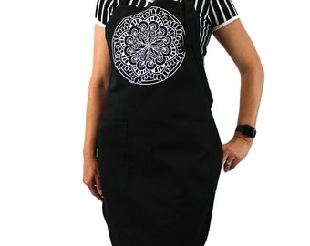 Full Length Black Cotton Apron with White Mandala