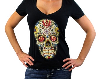 Women's Black V Neck Tee Shirt Short Sleeve with Day of the Dead Skull