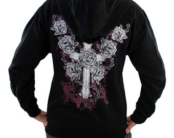 Black Fleece Zipper Hoodie Sweatshirt Cross and Roses