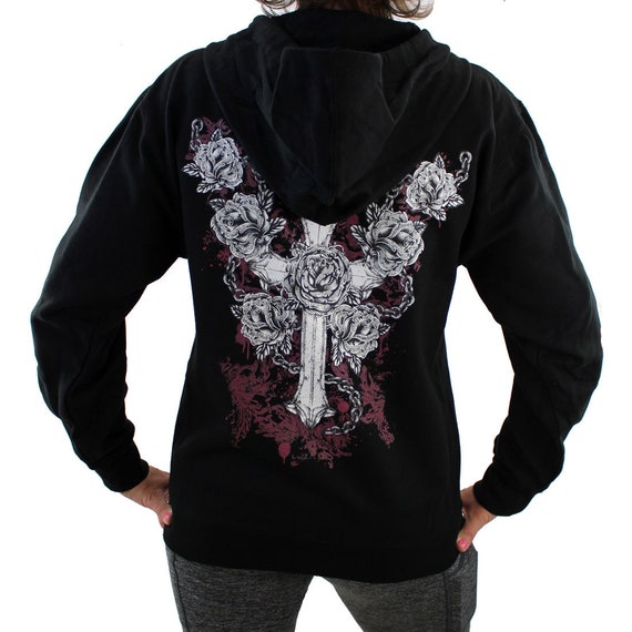 Black Fleece Zipper Hoodie Sweatshirt Cross and Roses - Etsy