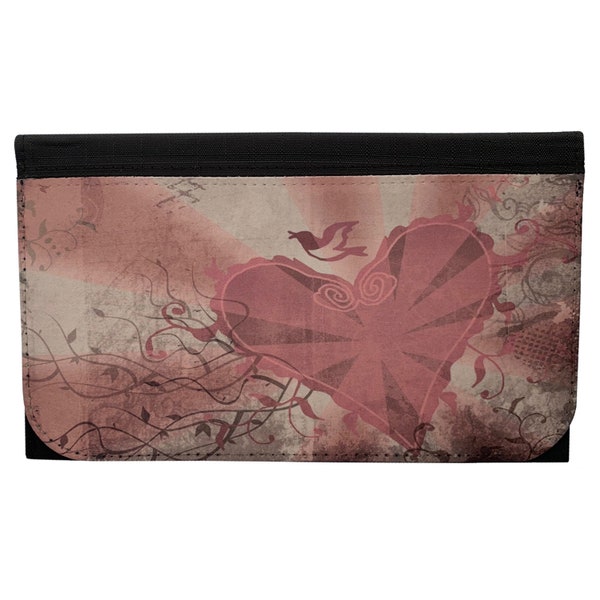 Abstract Heart and Swallow Women's Wallet Black Poly Canvas Clutch Coin Purse