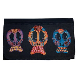 Trío de calaveras de azúcar cartera de mujer negro poli lona embrague Pocketbook