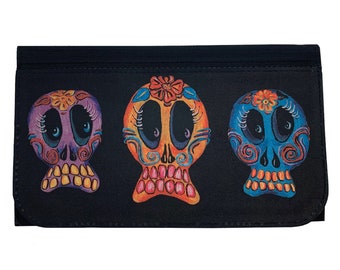 Trio of Sugar Skulls Women's Wallet Black Poly Canvas Clutch Pocketbook