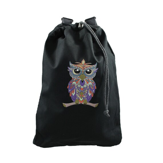 black owl mini backpack Colorful Owl Black Canvas Cinch Sack Small Backpack Purse