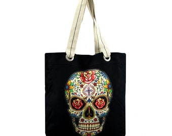 Black Cotton Shoulder Tote Bag with Colorful Sugar Skull Design