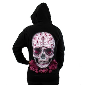 Lightweight Black Zipper Hoodie Sweatshirt Day of the Dead Skull & Roses