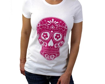 Women's White Short Sleeve Shirt with Pink Day of the Dead Sugar Skull