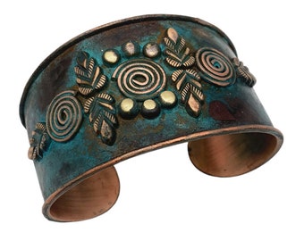 Mirrored Leaveaves and Spirals Teal Copper Patina Bracelet Cuff