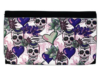 Bi-Fold Nylon Wallet Day of the Dead Sugar Skulls with Purple Hearts